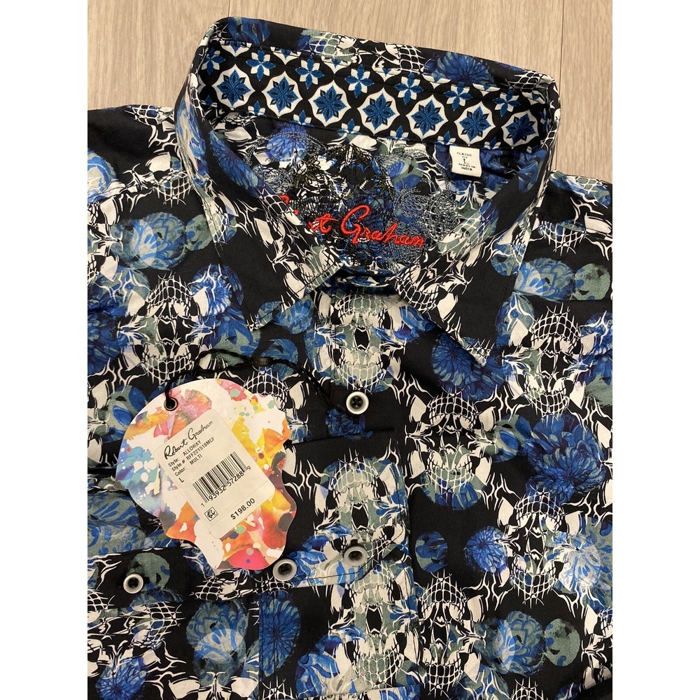 Robert Graham HALLOWELL Double Skull  $198 L NEW NWT Classic‎ Fit Blue L
